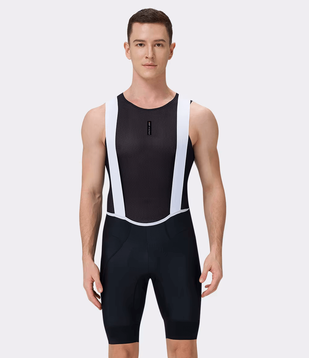 Man wearing breathable men's pro cycling bib shorts SF2589 in black, showcasing lightweight ergonomic design and secure fit for cycling.