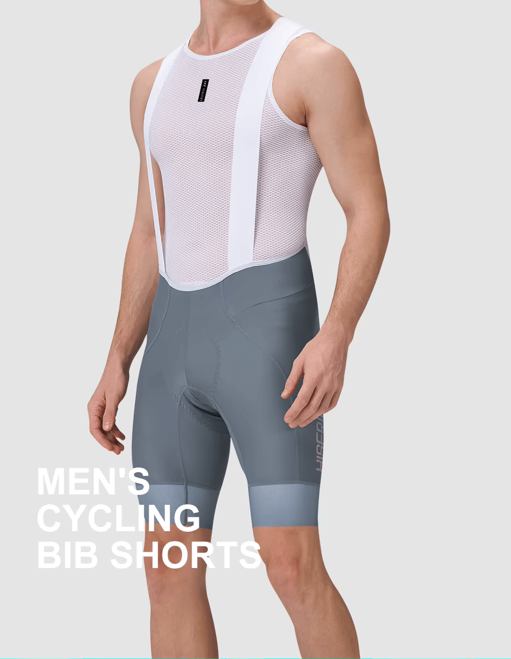 Alt Tag: Breathable men's pro cycling bib shorts SF2589 with ergonomic design and 7-hour pad for long rides. Stylish white and gray design.