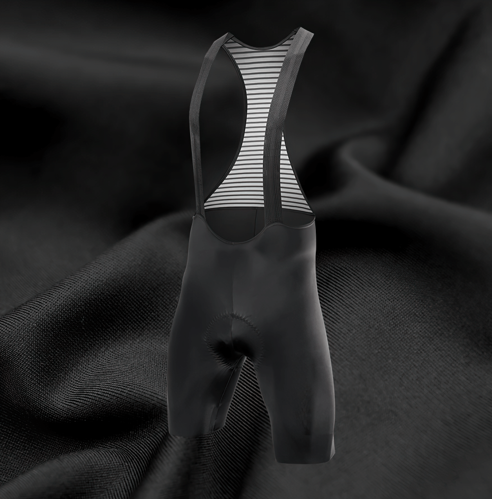 Breathable Men's Seamless Cycling Bib Shorts SF2580 showcasing ergonomic design and mesh straps on sleek black fabric background.