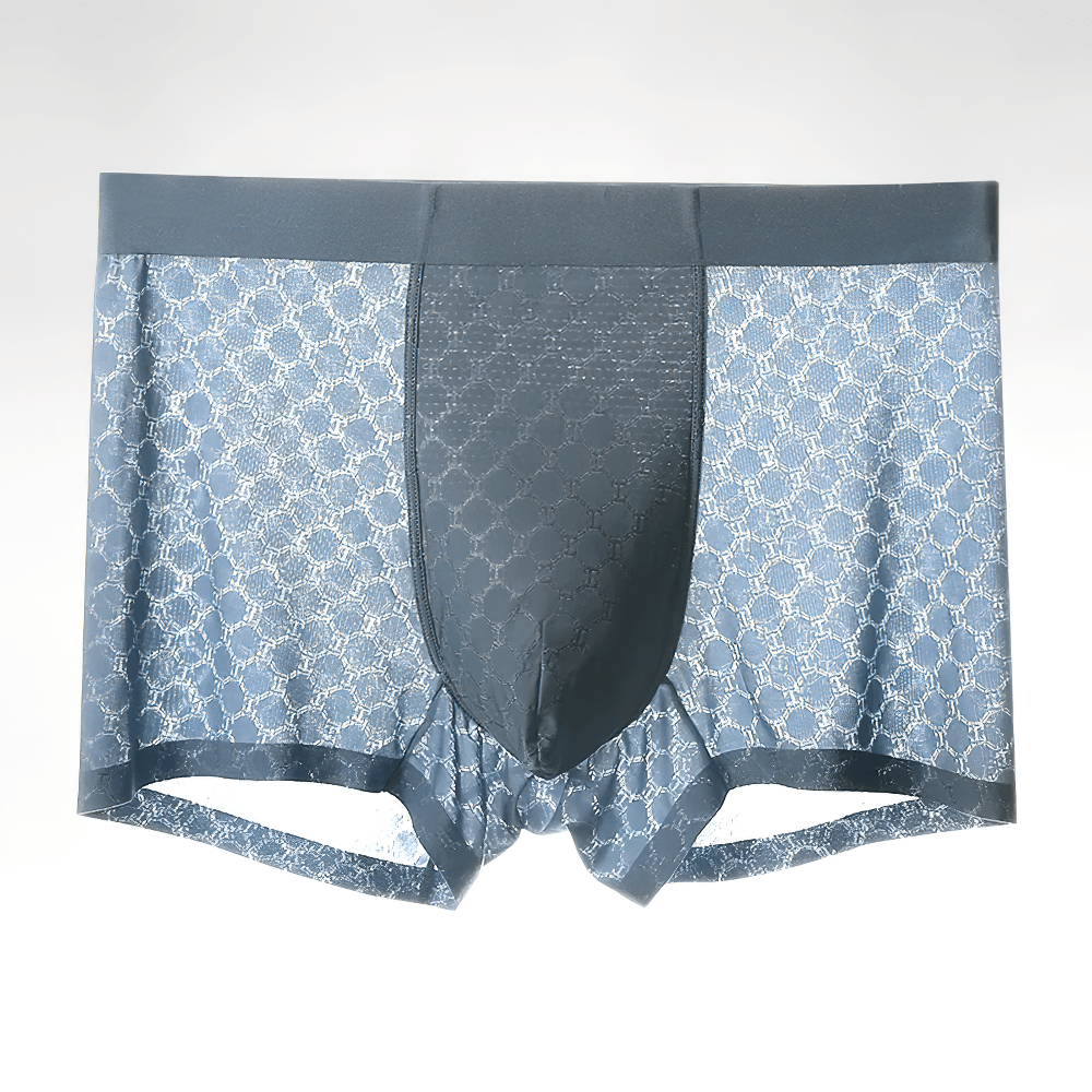 Breathable Men's Seamless Summer Boxer Briefs - SF4672 in blue fabric with a lace pattern on a light background.