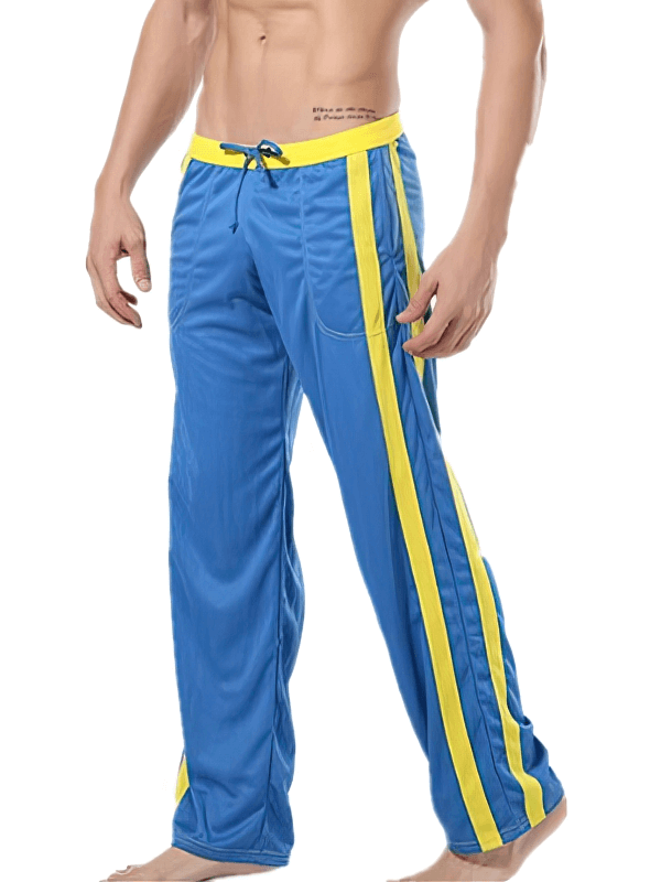 Breathable men's sports training pants, blue with yellow stripes, elastic waist, pockets, ideal for gym and running. SF1315
