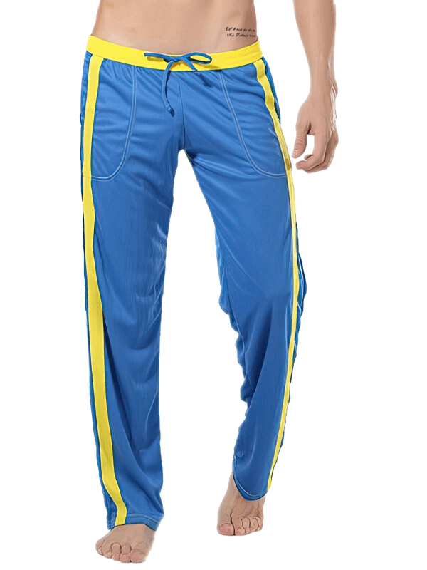 Blue and yellow breathable men's sports training pants with pockets and elastic waist for workouts.