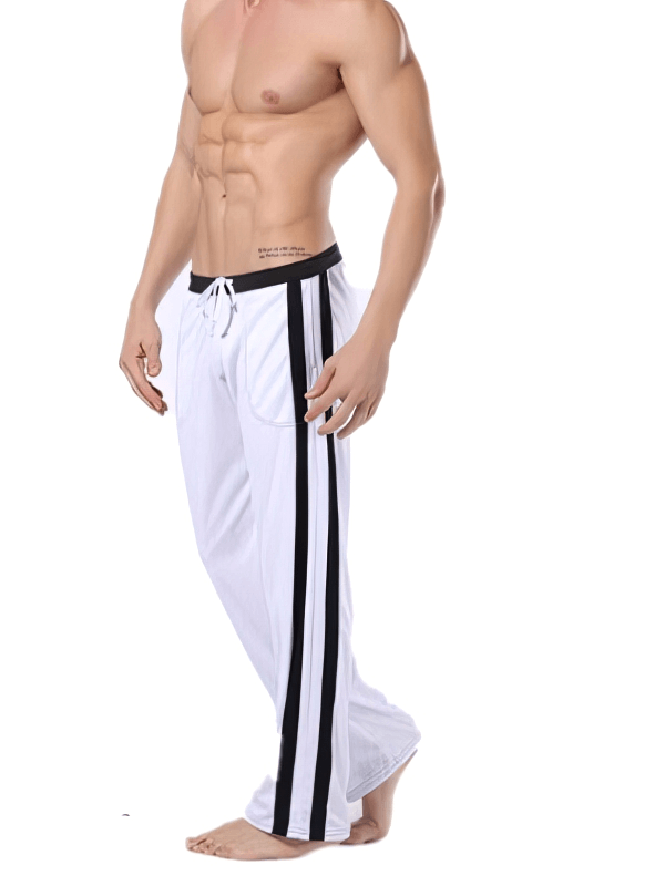 Breathable men's sports pants with pockets, white with black stripes. Ideal for workouts, running, gym training, and Crossfit.