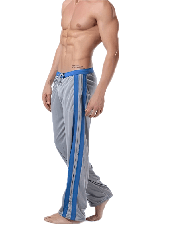 Breathable Men's Sports Training Pants SF1315, gray with blue stripe, featuring elastic waist and side pockets for gym or running.