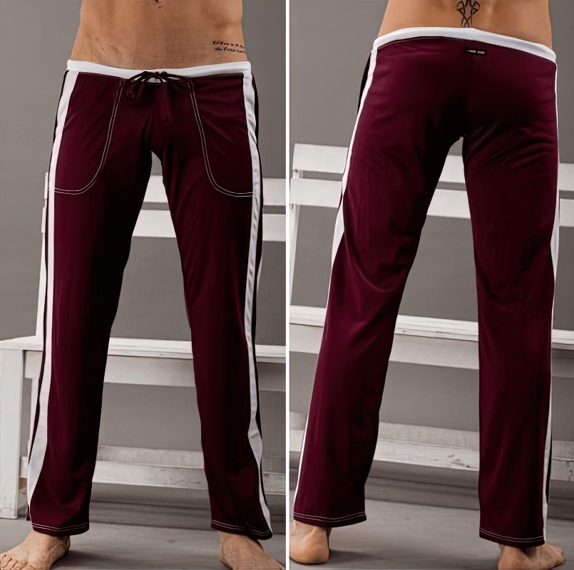 Breathable Men's Sports Training Pants with Pockets, maroon, full-length, elastic waist, side pockets, ideal for gym and running.
