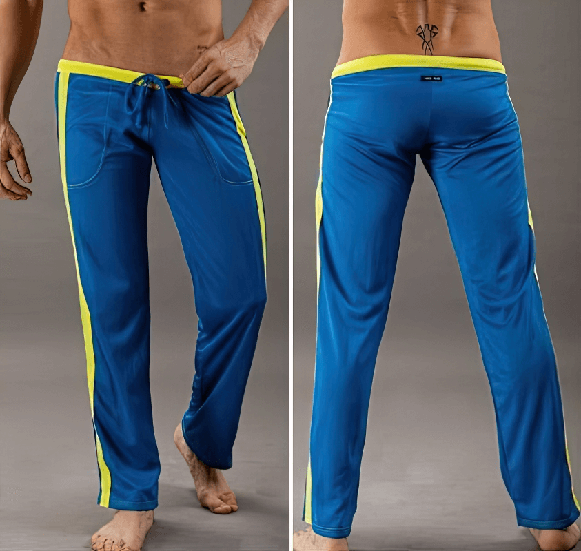 Breathable men's sports training pants with pockets in blue and yellow, perfect for gym workouts and running - Model SF1315