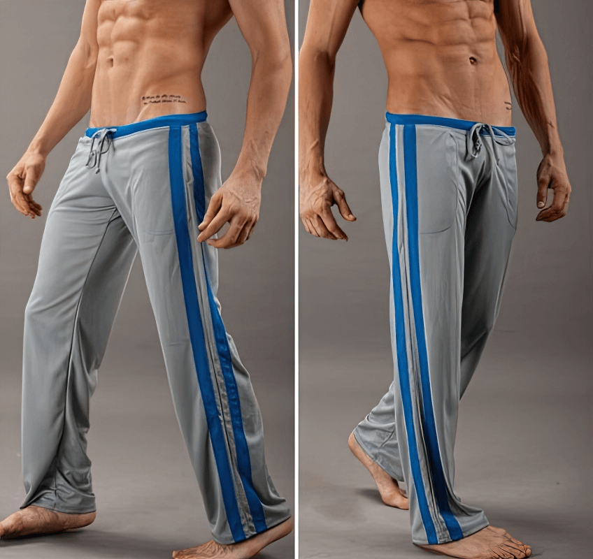 Breathable men's sports training pants with blue stripes and pockets, ideal for gym workouts and athletic activities.