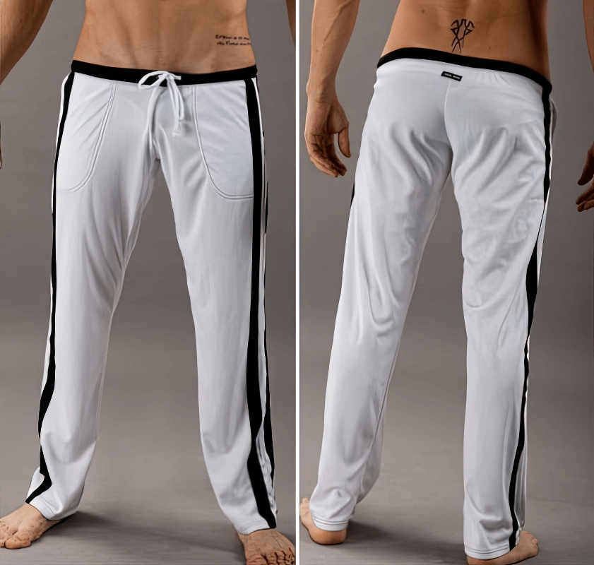 Breathable men's sports training pants with pockets, ideal for gym and running. Lightweight polyester fabric, elastic waist, white color.