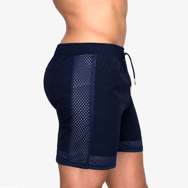 Men's breathable black athletic shorts with mesh panel, quick-dry fabric for optimal airflow and movement during workouts.