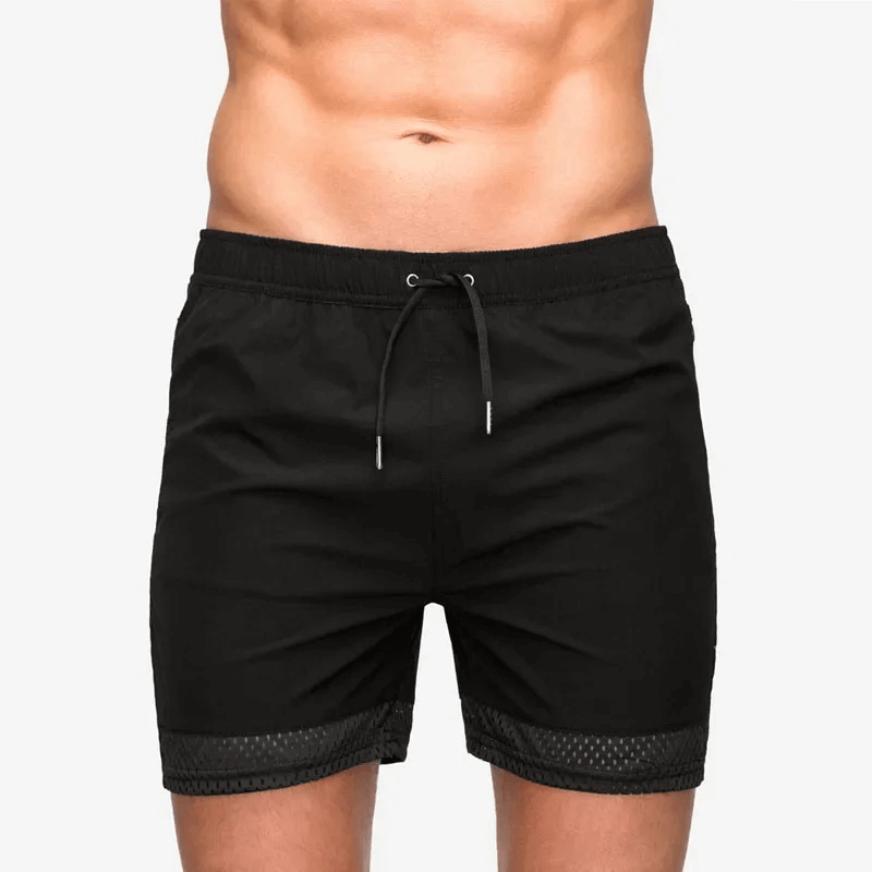 Men's Black Quick-Dry Athletic Shorts with Mesh Panel, featuring optimal airflow and movement for workouts - SF2157