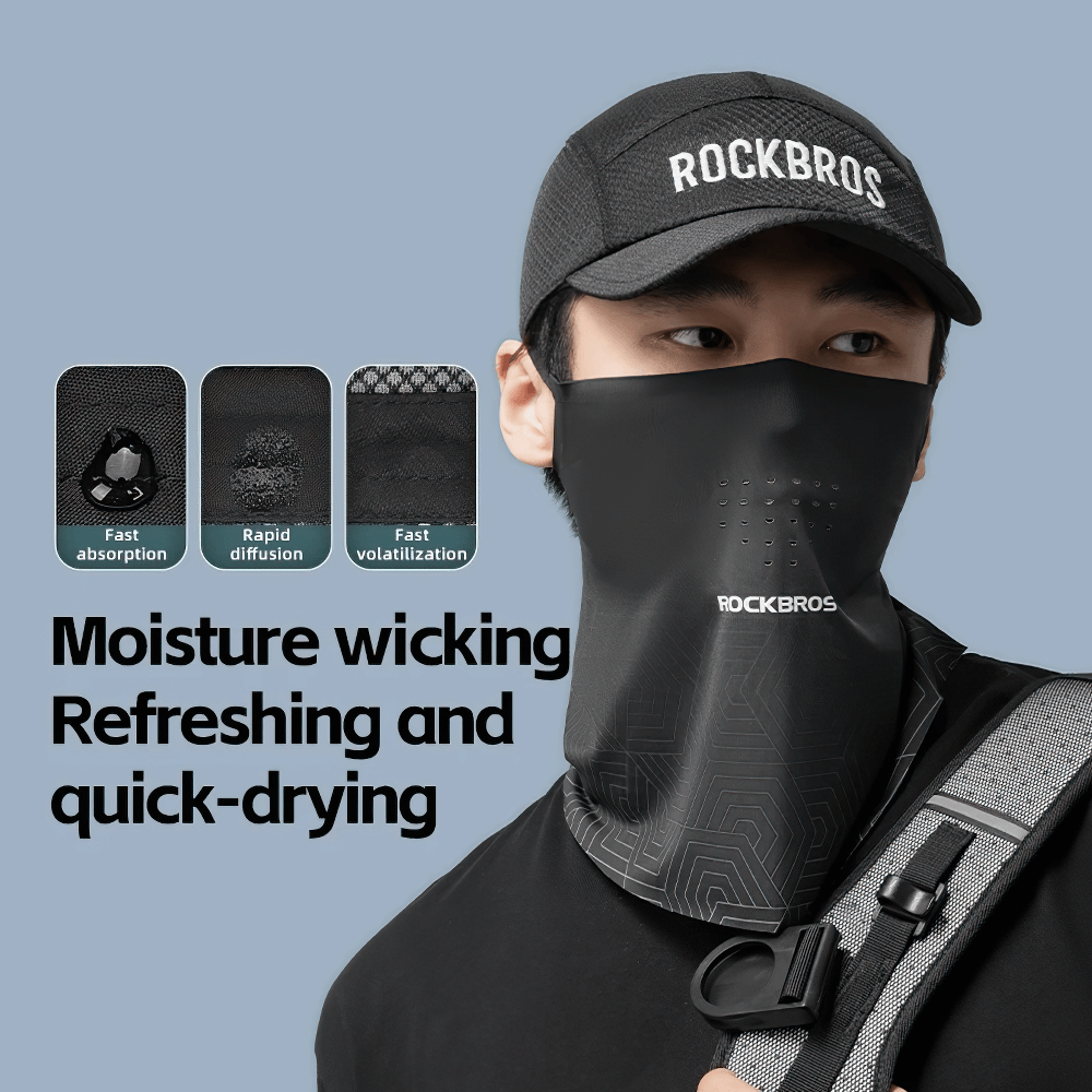 Person wearing RockBros breathable mesh cap and quick-drying neck gaiter, ideal for outdoor sports, showcasing moisture-wicking features.