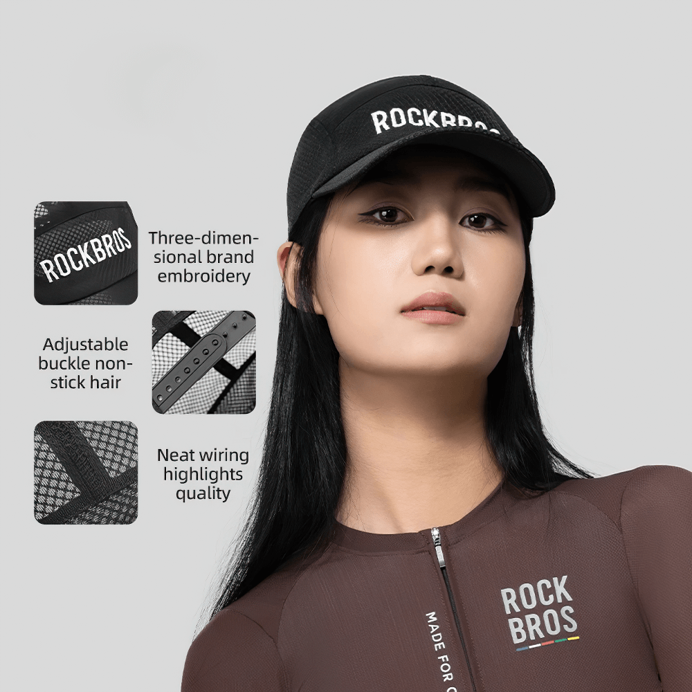 Cyclist wearing breathable mesh cycling cap with adjustable buckle and sleek design by RockBros, ideal for outdoor sports activities.