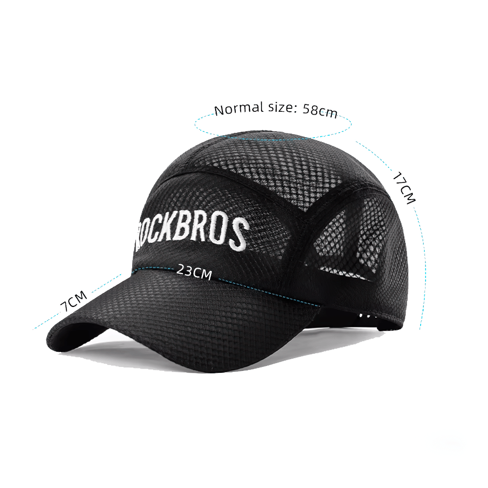 Breathable mesh cycling cap SF2560, black with logo, showing measurements: 58cm normal size, quick-drying and lightweight for outdoor sports.