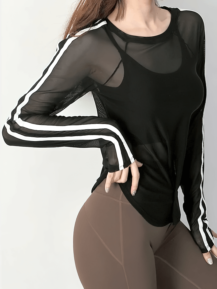 Breathable mesh yoga top with long sleeves and stylish stripe detail, perfect for fitness and running, shown in sleek black.