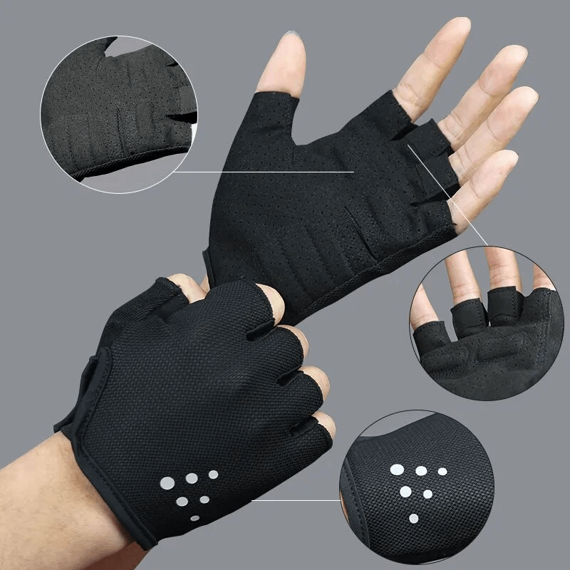 Breathable mesh dot half-finger cycling gloves SF1563, black, lightweight, unisex design with secure grip for sports and climbing.
