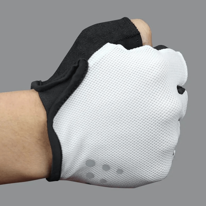 Unisex breathable mesh sports cycling gloves with dot half-finger design in white, ideal for biking and outdoor activities.