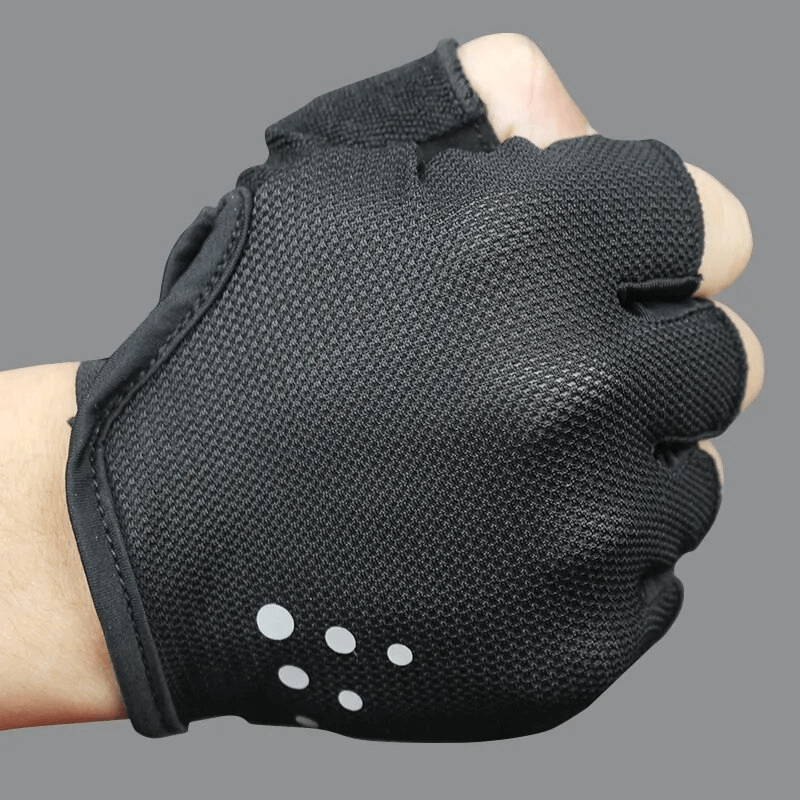 Breathable mesh sports cycling glove in black with half-finger design, perfect for unisex use in cycling and climbing activities.