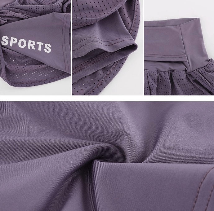 Close-up of breathable mesh sports shorts for women, featuring high waist, solid design, and secret back pocket detail in purple.