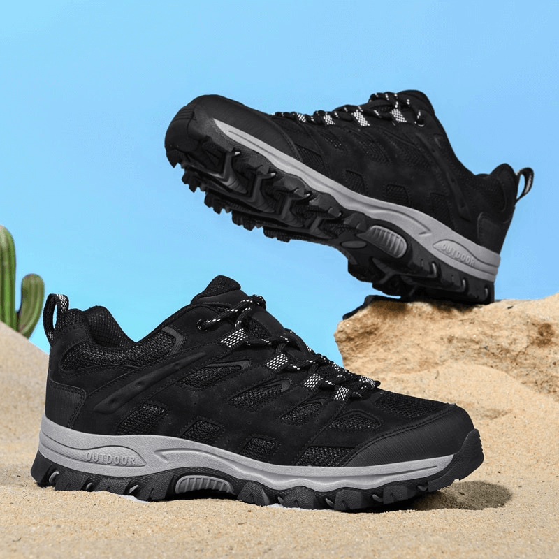 Alt Tag: Breathable non-slip hiking shoes for men SF1411 with lace-up closure on sandy terrain, perfect for rugged outdoor adventures.
