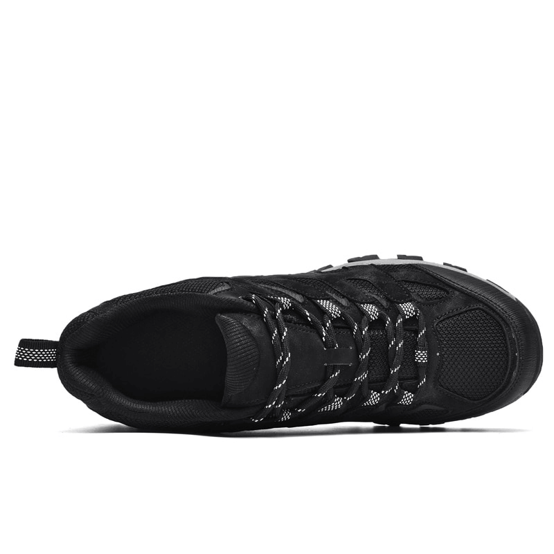 Top view of breathable non-slip hiking shoe for men with black laces, featuring durable polyester and anti-slip EVA outsole.