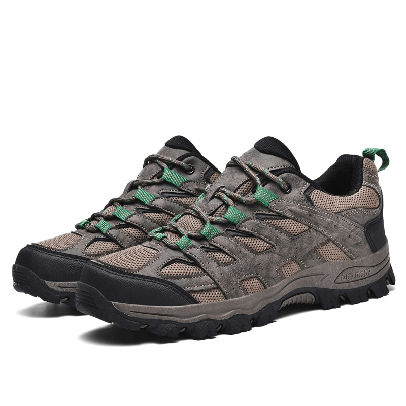 Men's breathable non-slip hiking shoes with laces, featuring durable polyester upper and anti-slip EVA outsole, in brown and green color.