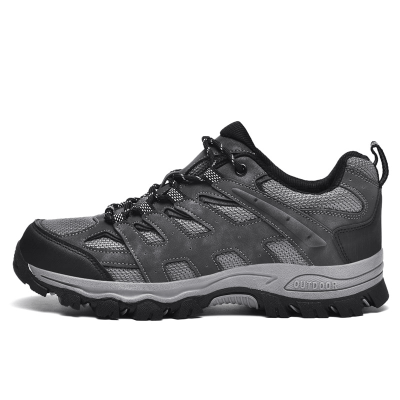 Men's breathable non-slip hiking shoes with laces and durable design, featuring a sturdy black upper and rugged outsole for outdoor adventures.