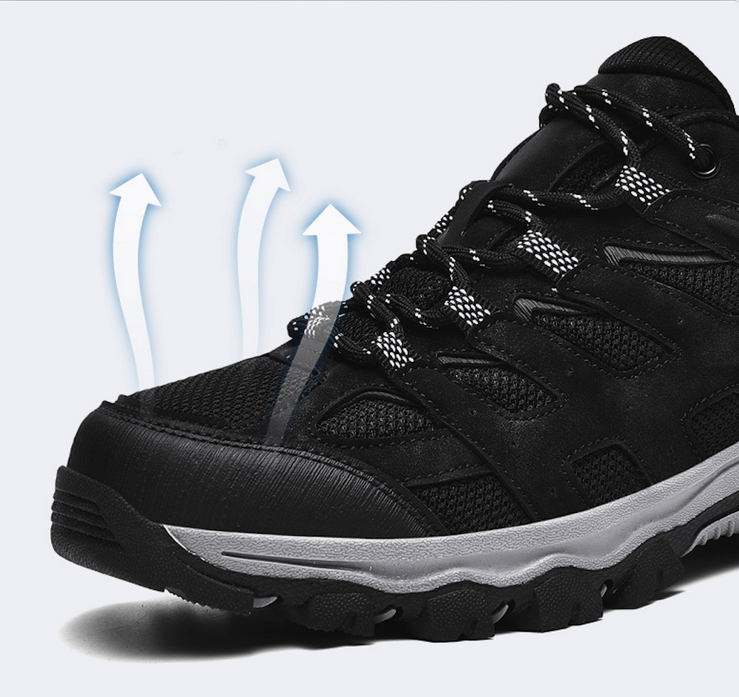 Breathable non-slip hiking shoes for men with laces, featuring black design with enhanced ventilation and durable construction.