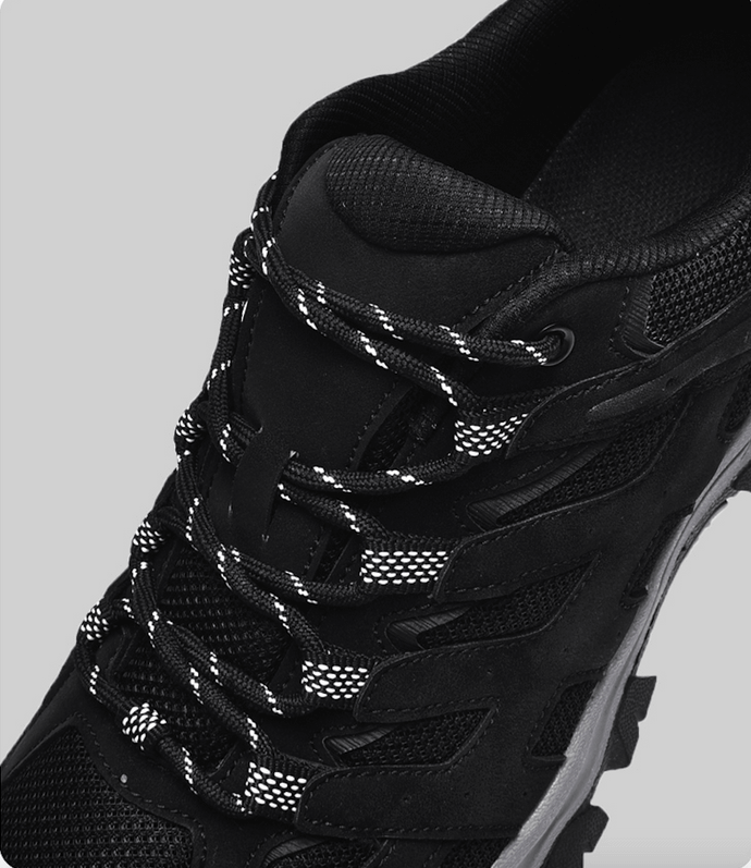 Breathable black hiking shoes for men with durable laces and non-slip sole, ideal for outdoor adventures.