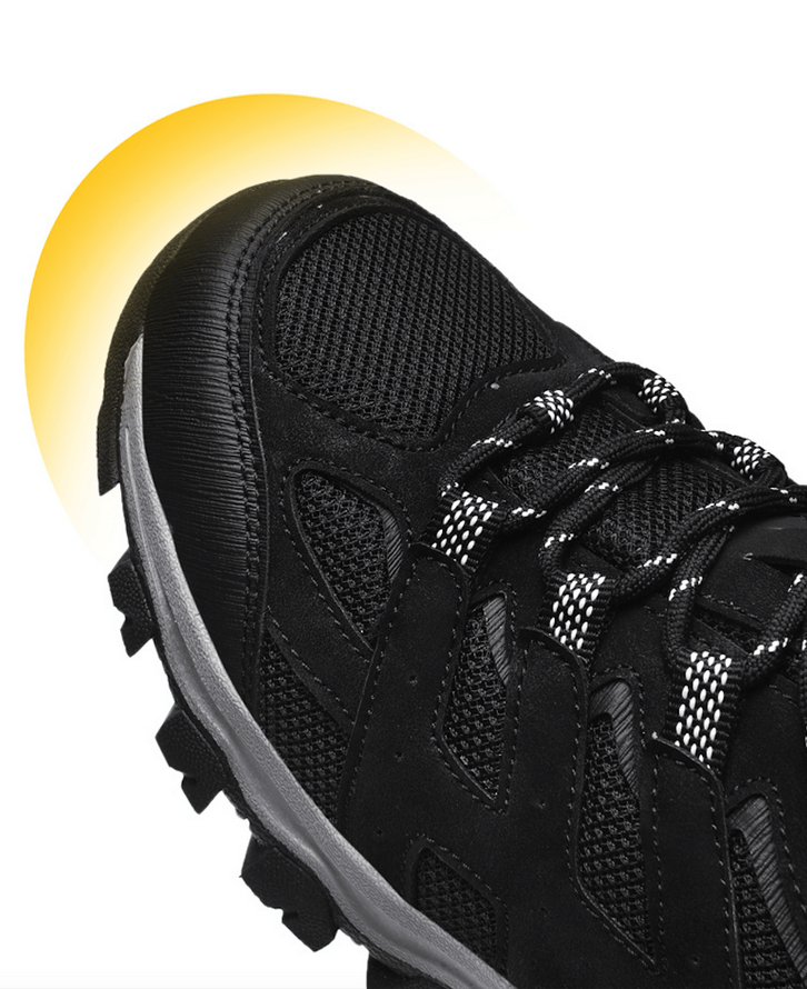 Close-up of black breathable non-slip hiking shoe with laces, featuring durable polyester and leather trim, ideal for outdoor adventures.