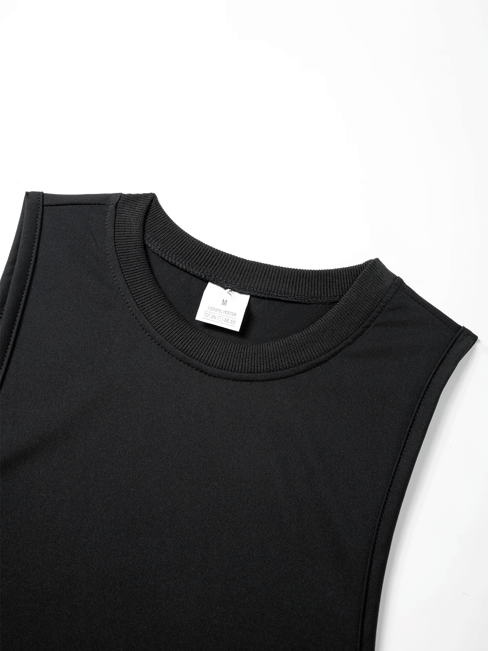 Close-up of black Breathable O-Neck Fitness Tank Top for Gym Training - SF4150 showing neckline and fabric detail.