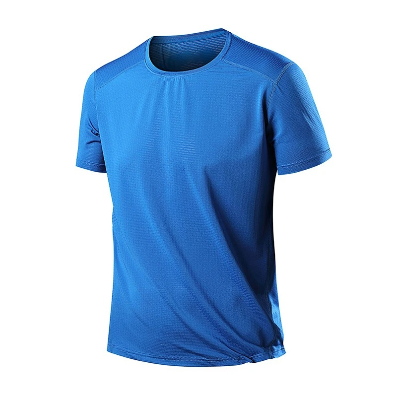 Breathable blue O-neck t-shirt for active wear, featuring lightweight, elastic, quick-dry fabric for maximum comfort during workouts.