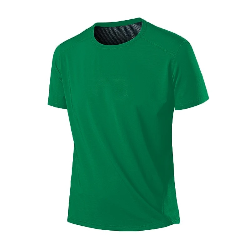 Green breathable O-neck activewear T-shirt, short sleeves, quick-dry and elastic material for comfort during workouts.