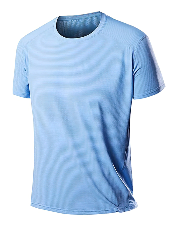 Sky blue breathable O-neck men's light T-shirt for active wear, featuring quick-dry and elastic material - ideal for workouts.