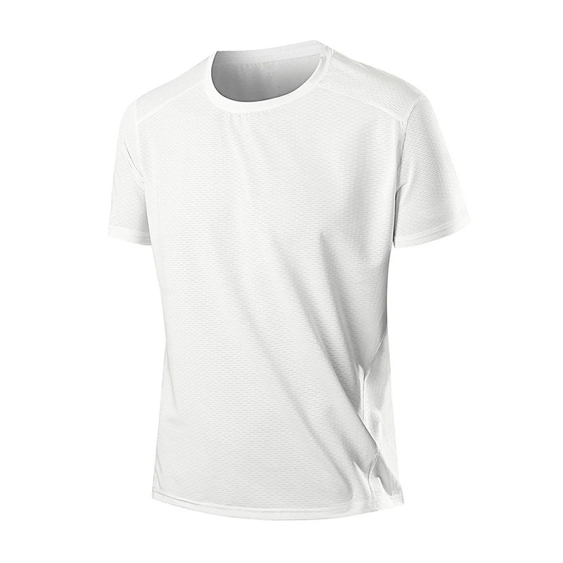 Breathable white O-neck polyester t-shirt designed for active wear, featuring short sleeves for flexibility and quick-dry fabric.