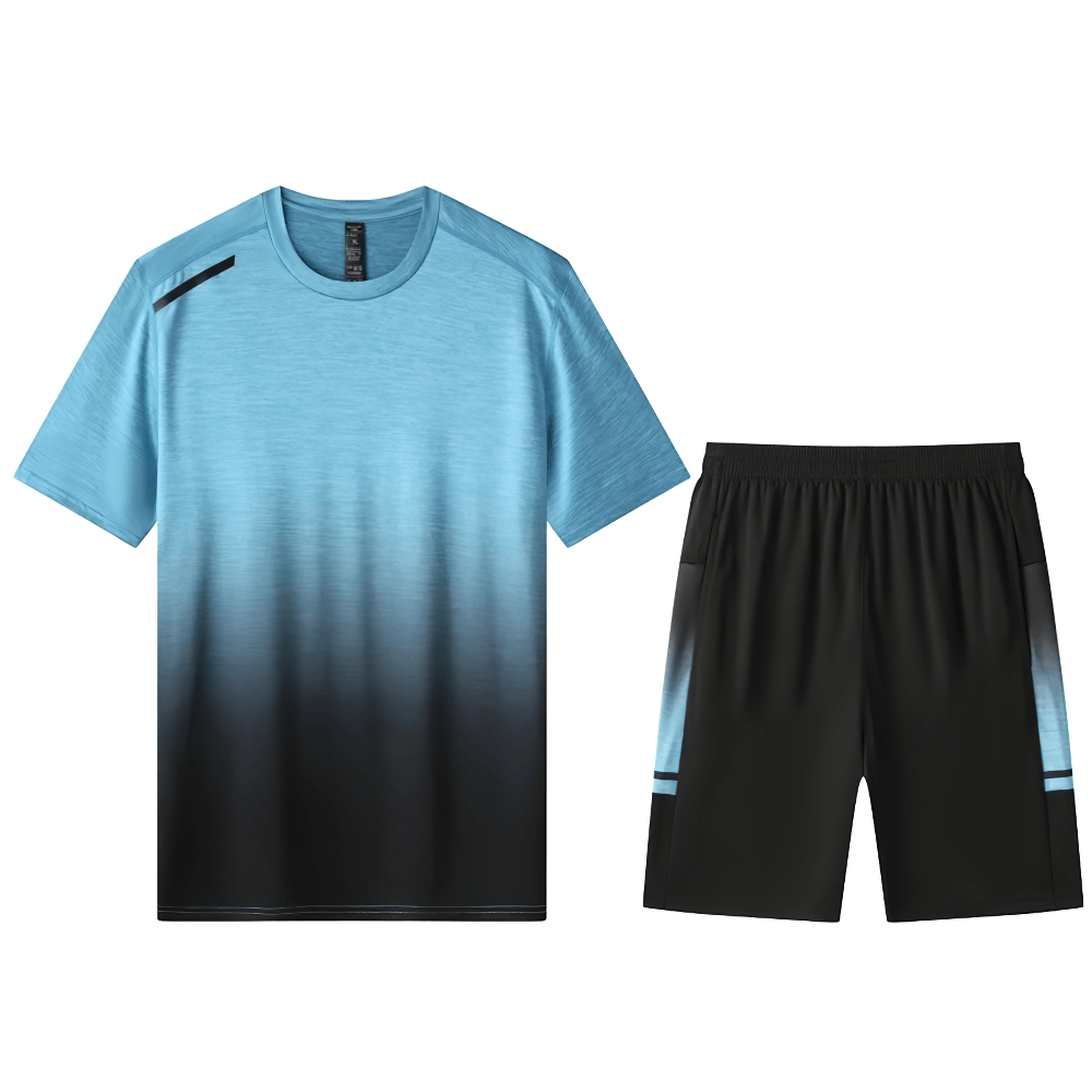 Breathable O-Neck Tee and Shorts Set SF2049 in blue and black gradient. Quick dry sportswear for men made of polyester and spandex.