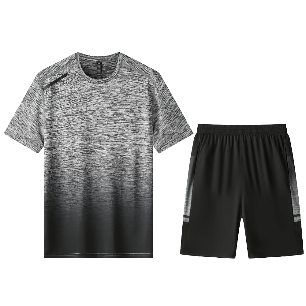 Breathable O-Neck Tee and Shorts Set - Quick Dry Sport Outfit for Men - SF2049, grey and black stylish print, polyester spandex fabric.