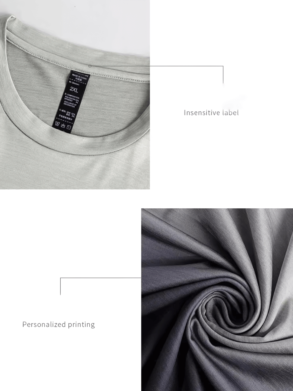 Close-up of breathable O-neck tee with insensitive label feature and personalized printing on fabric.