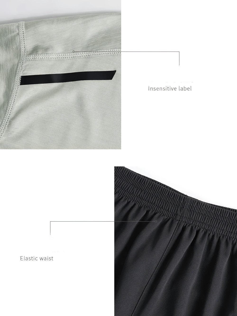 Close-up of a breathable O-neck tee and shorts set showcasing an insensitive label and elastic waist, perfect for sports activities.