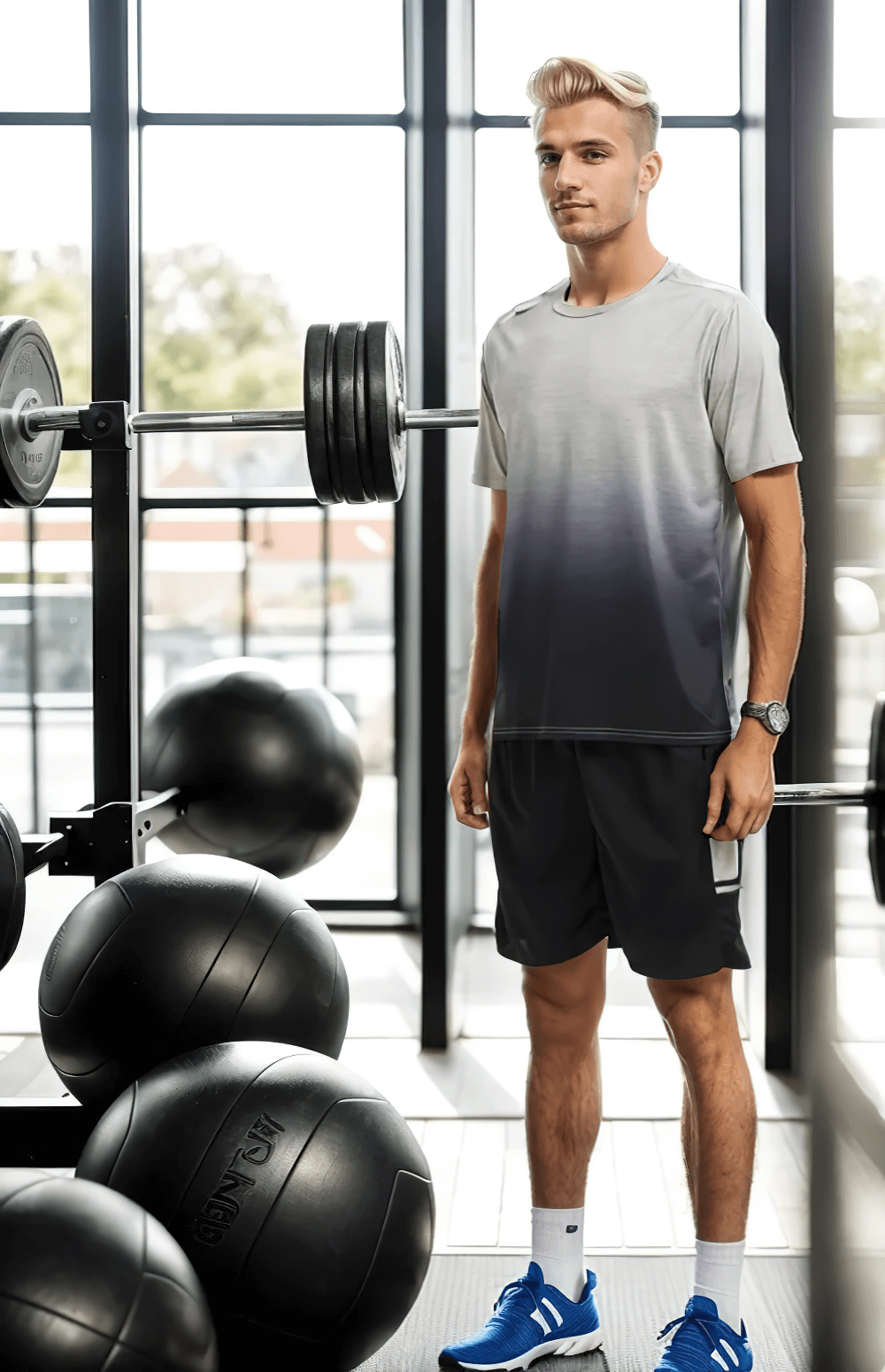 Man wearing a breathable o-neck tee and shorts set SF2049, posing in a gym with weights and exercise balls. Ideal for quick dry sportswear.