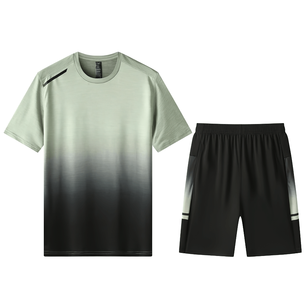 Breathable O-Neck Tee and Shorts Set SF2049, quick-dry sportswear for men. Stylish gradient print, perfect for workouts.