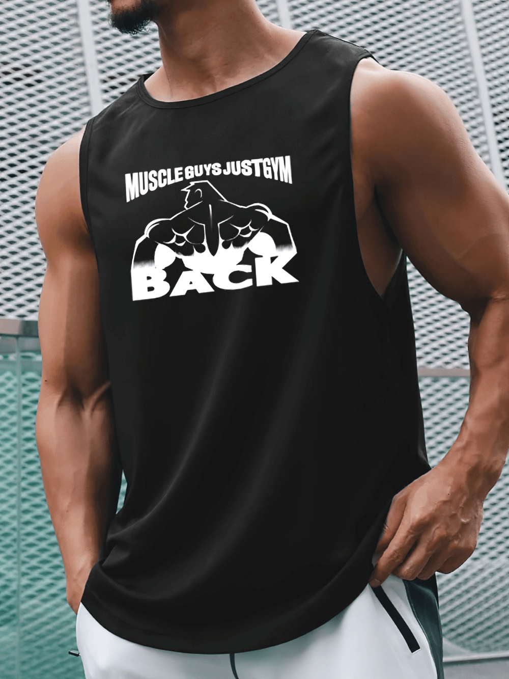 Breathable Print Workout Tank Top for Men - SF4098 with bold "BACK" print, perfect for gym and strength training sessions.