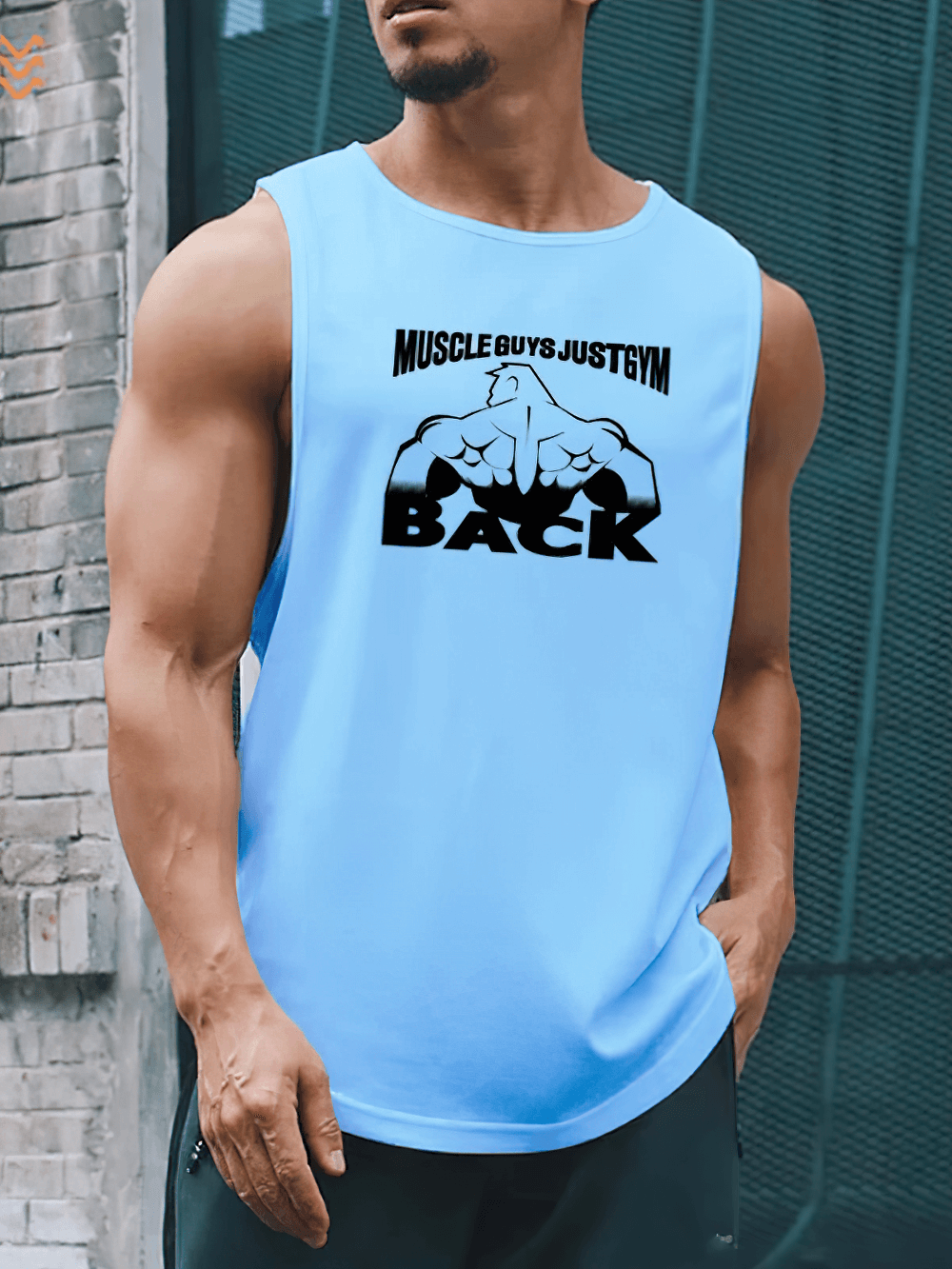 Man wearing Breathable Print Workout Tank Top for Men - SF4098 with bold "BACK" print, perfect for strength training and gym sessions.