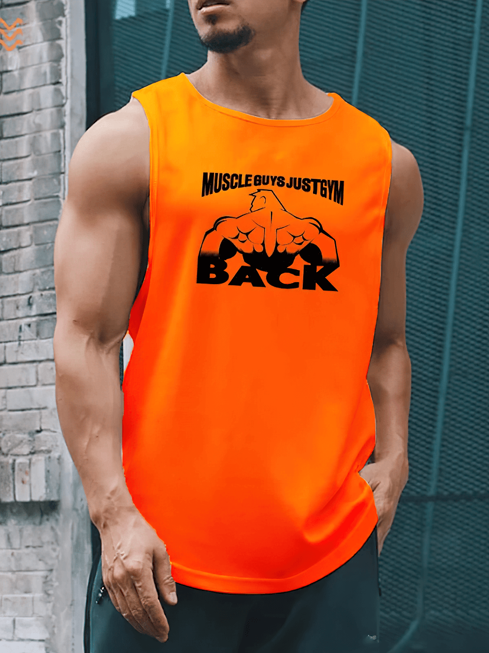 Breathable Print Workout Tank Top for Men - SF4098, bright orange tank with bold 'BACK' design, perfect for gym and strength training.