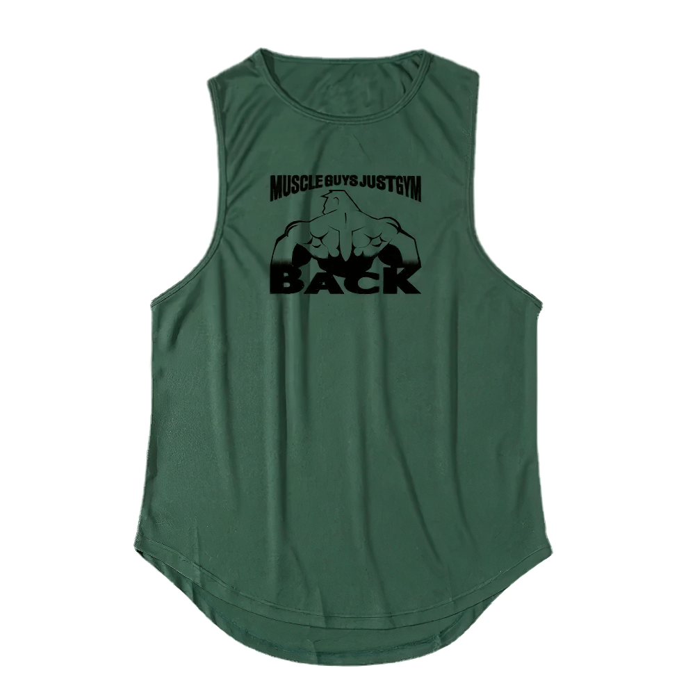 Breathable Print Workout Tank Top for Men - SF4098 with "BACK" print, suitable for gym and strength training, in green color.