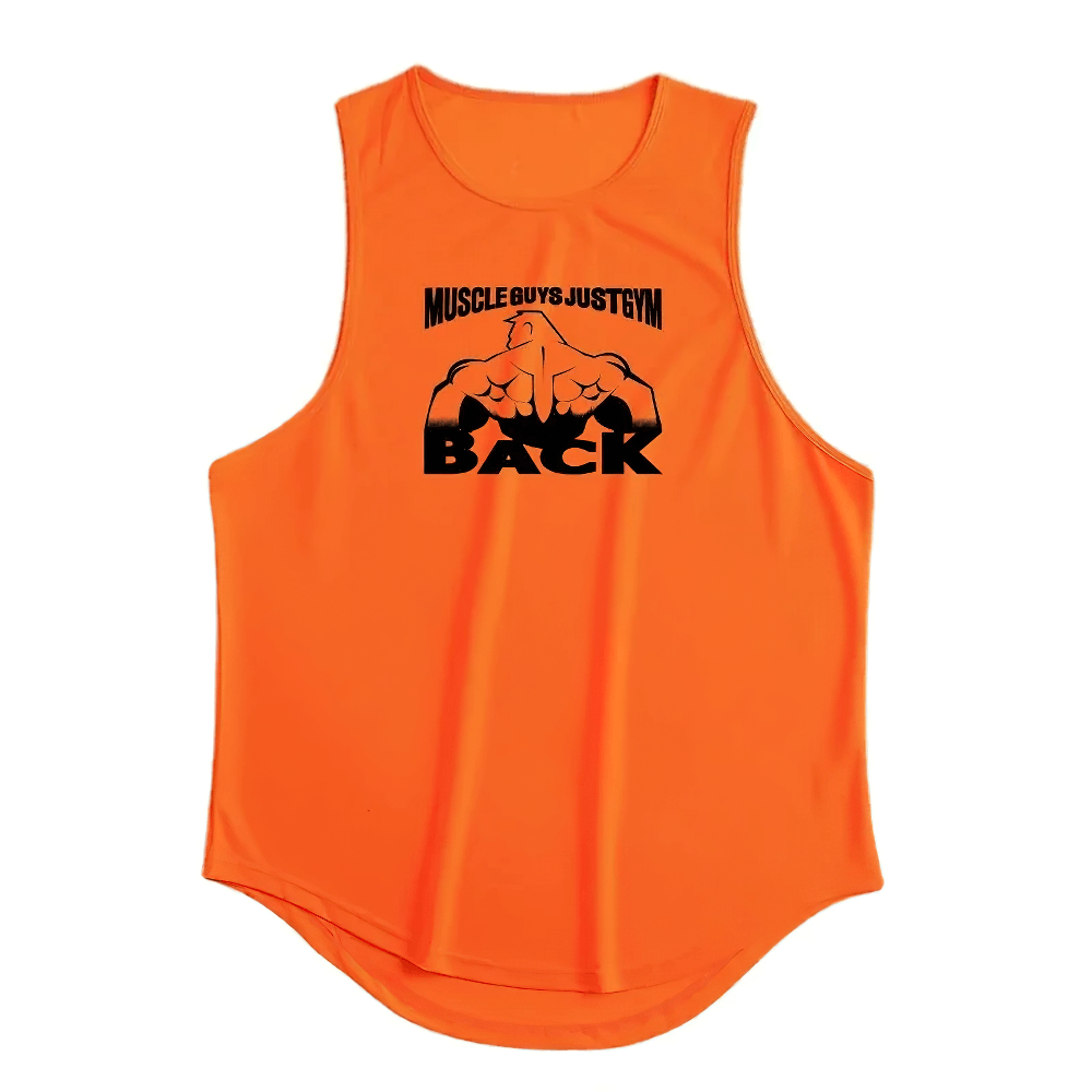 Breathable Print Workout Tank Top for Men - SF4098 with "BACK" design in bright orange for gym sessions.