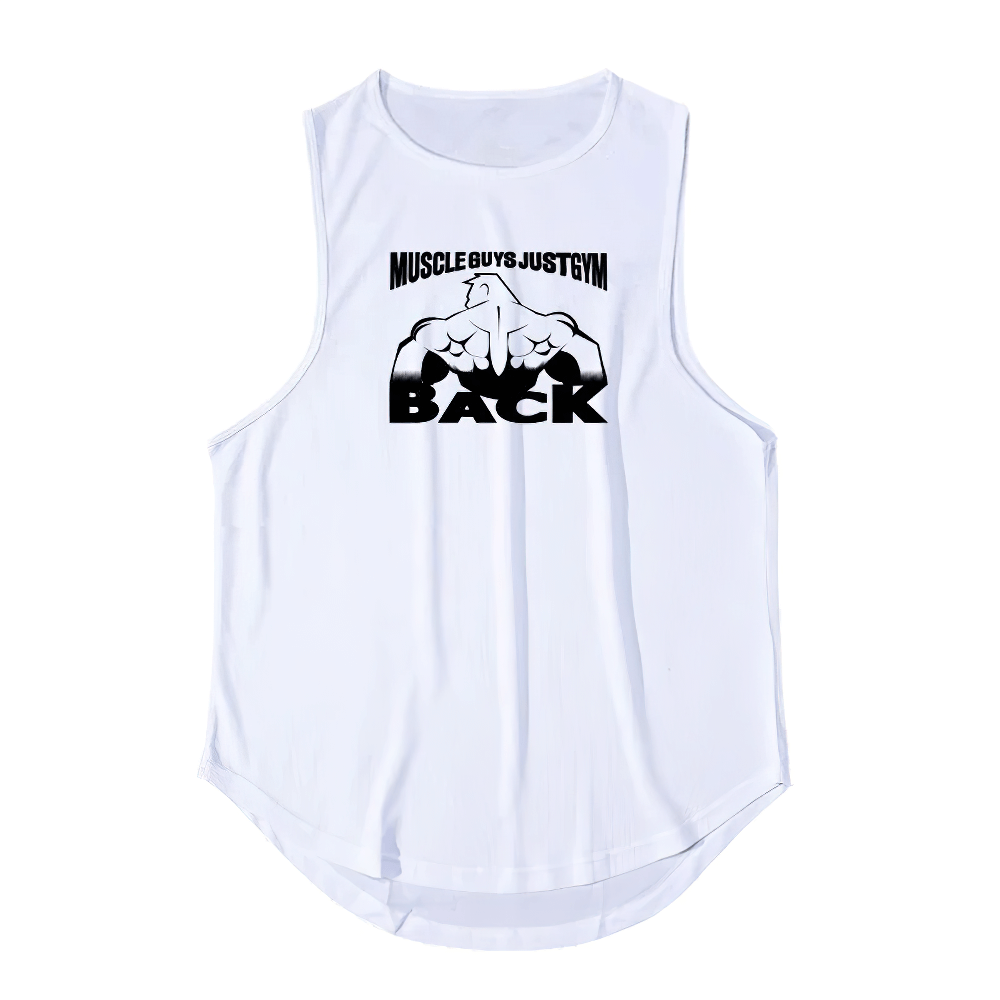 Breathable Print Workout Tank Top for Men - SF4098 gym tank with "Muscle Guys Just Gym" and "BACK" print, perfect for strength training.
