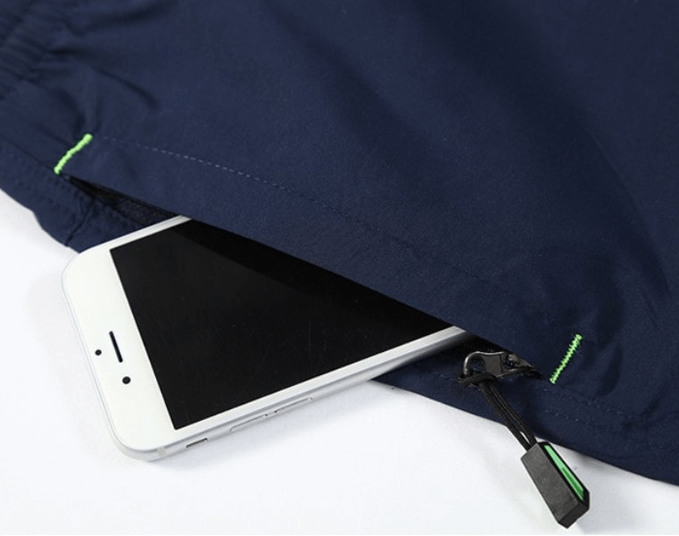 Breathable Quick Dry Men's Long Shorts with phone in zippered pocket showing micro-bullet elastic waistband - SF1353