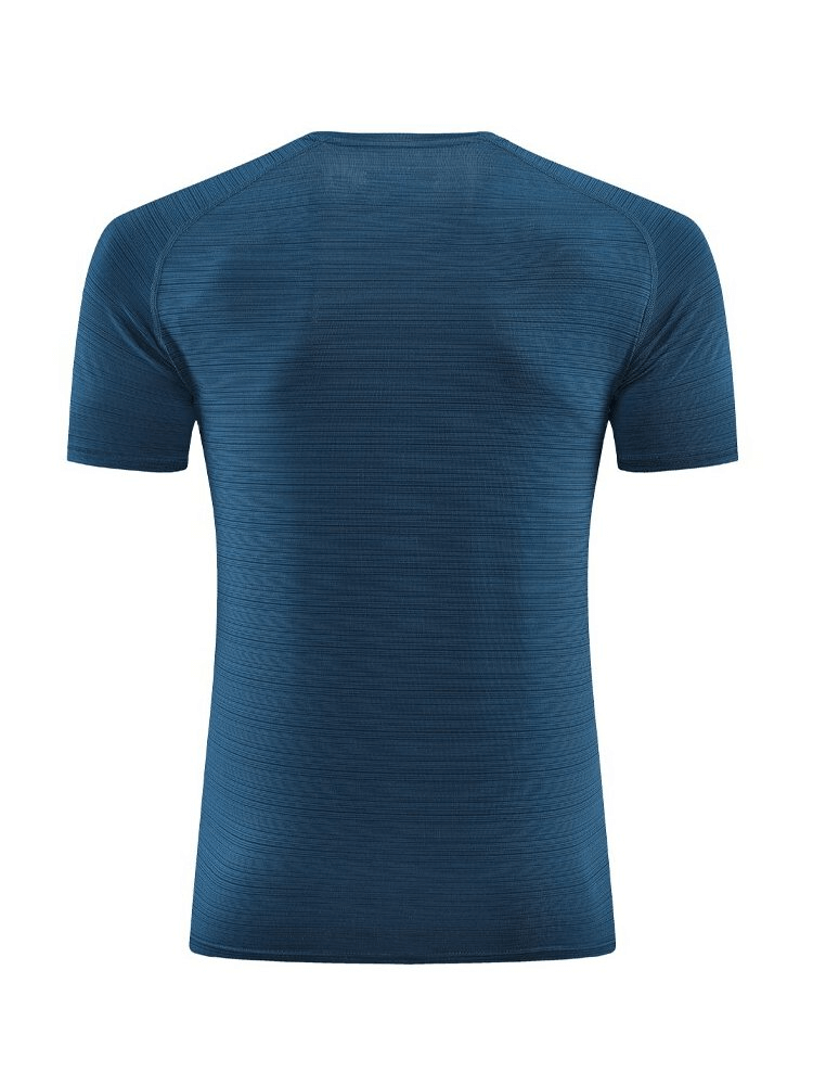 Back view of a blue breathable quick-drying men's sports t-shirt with O-neck and solid color design, ideal for training and fitness.
