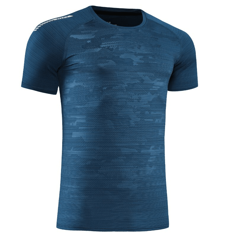 Breathable quick-drying men's sports t-shirt SF1499 in solid blue with O-neck and reflective strips for training and jogging.