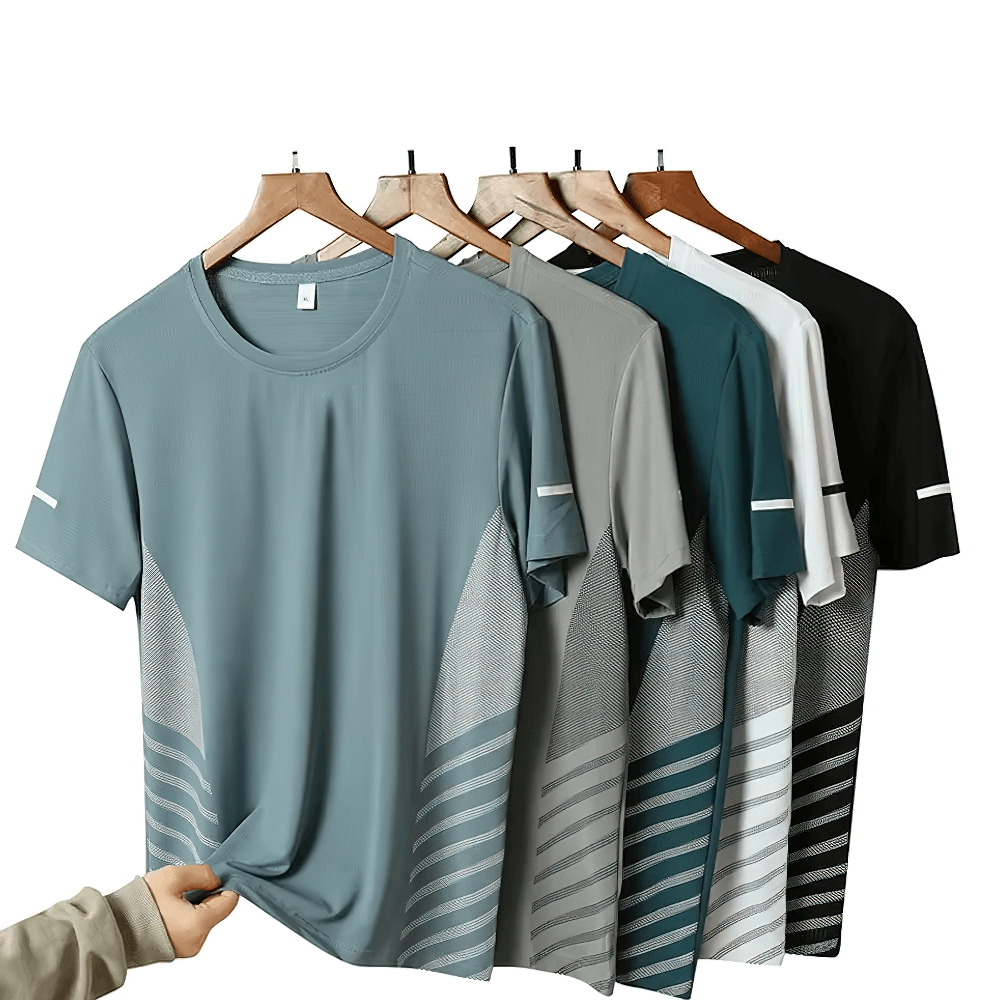 Alt Tag: Breathable Running T-Shirt with Reflective Detail - SF4407 quick-dry men’s fitness tee with mesh panels, multiple colors on hangers